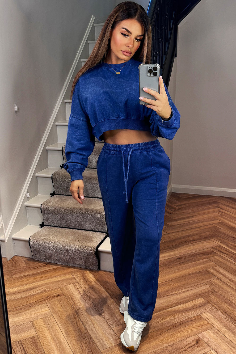 crop jumper sweatshirt and joggers two piece tracksuit set acid wash blue