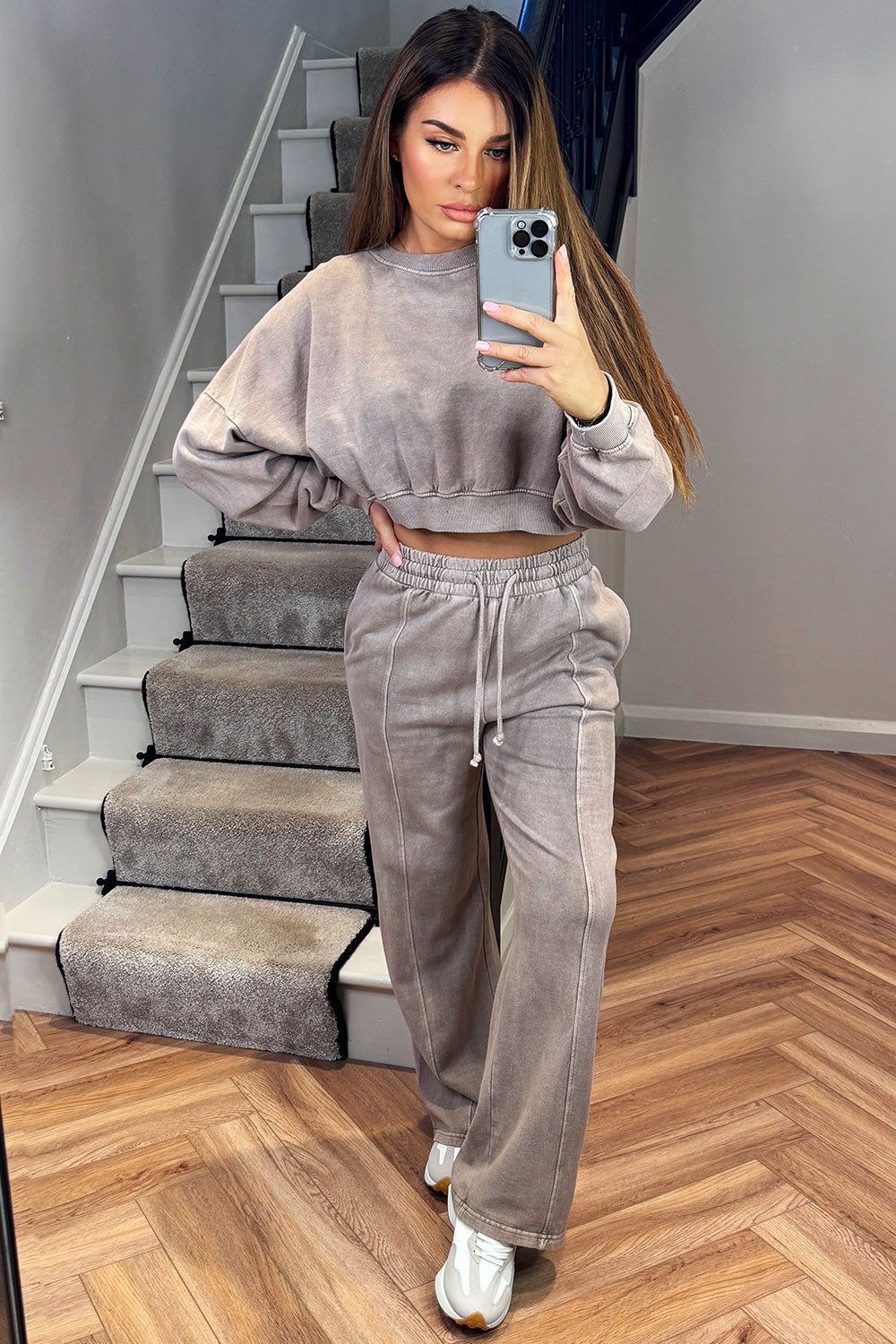 crop jumper sweatshirt and joggers two piece tracksuit set acid wash dove grey