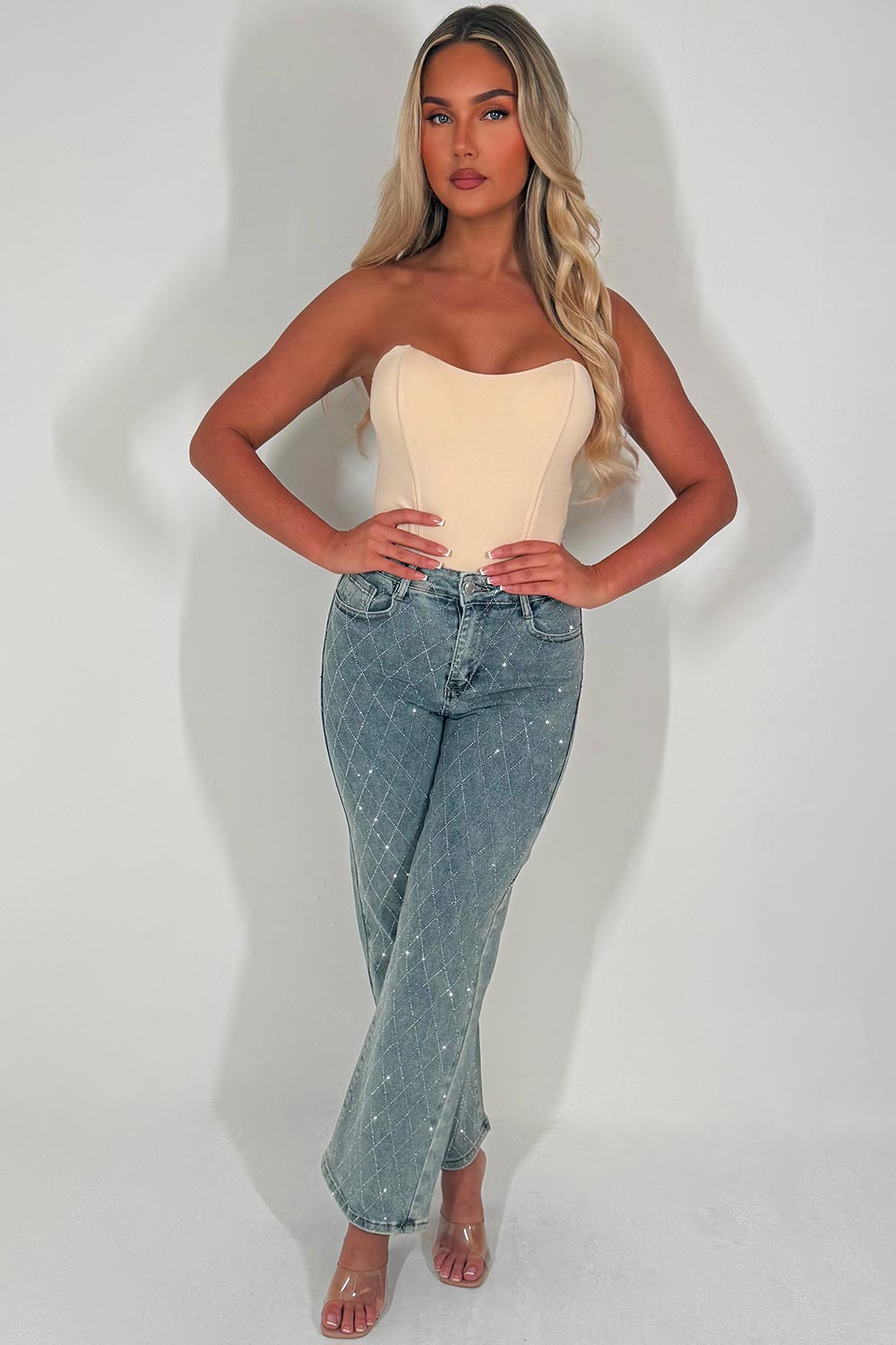 diamante rhinestone denim jeans denim blue