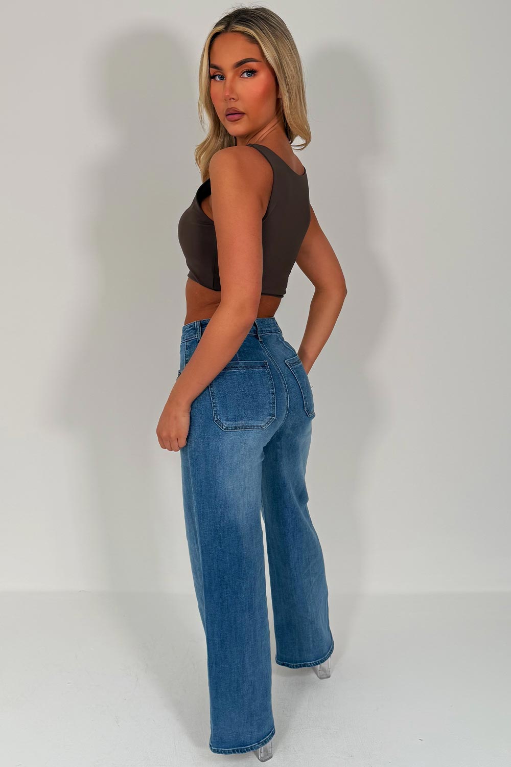 womens wide leg jeans with front pocket style uk