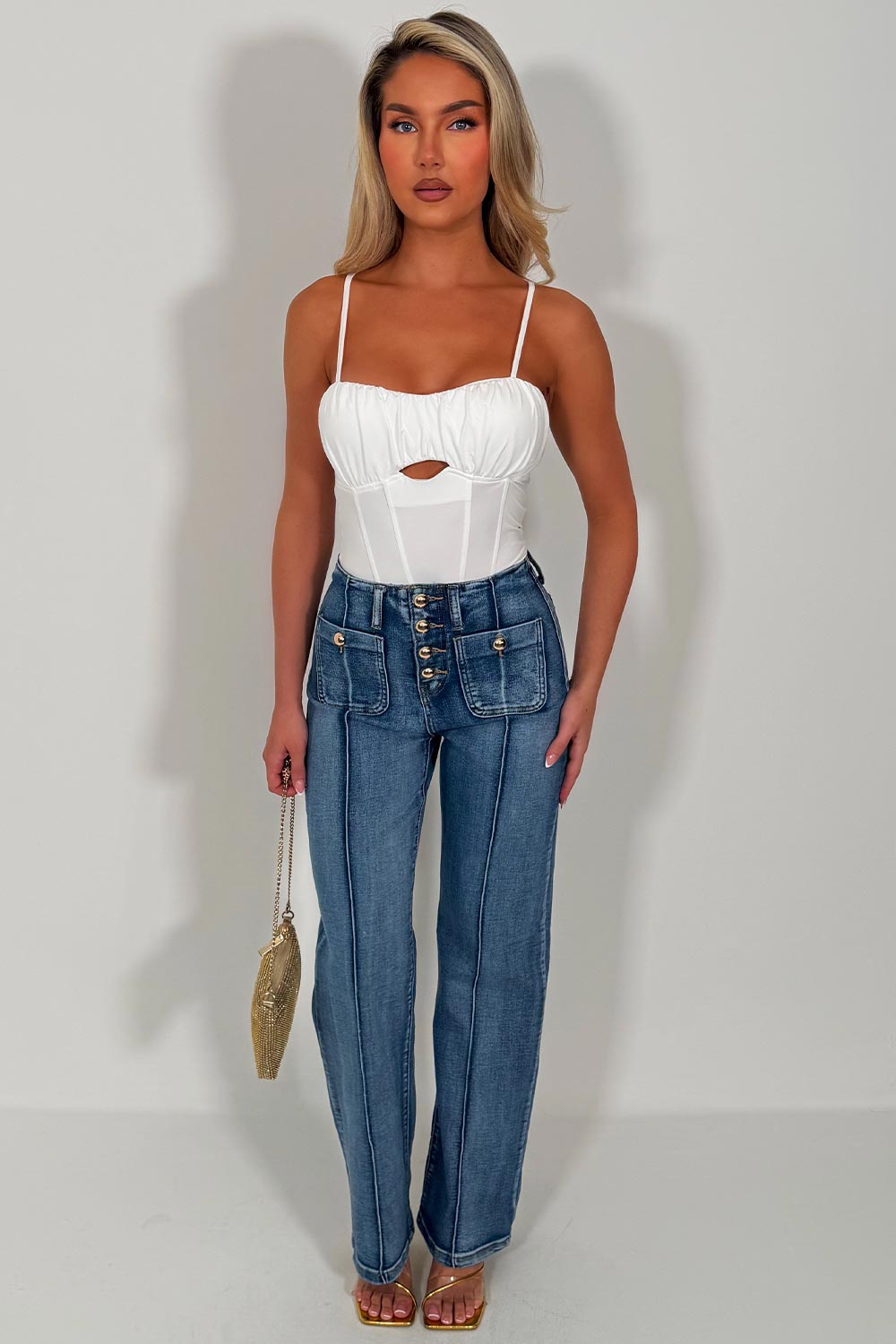 womens gold button wide leg denim jeans with seam detail zara uk