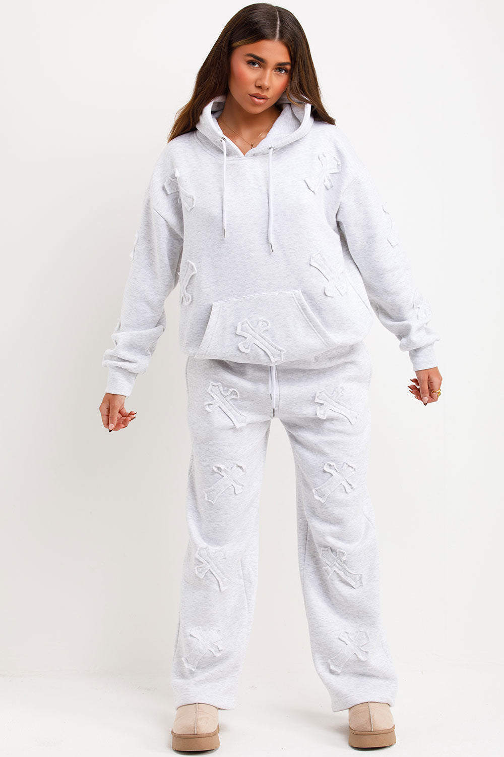 womens oversized hoodie and joggers tracksuit set with distressed cross detail