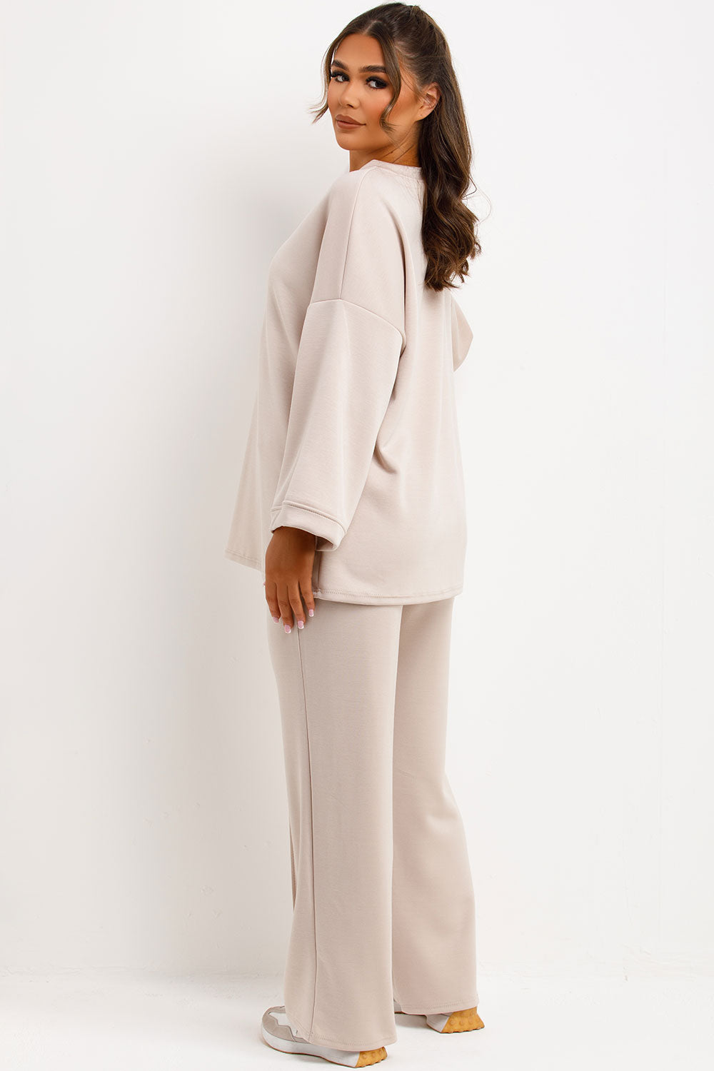 seam detail straight leg trousers and long sleeve drop shoulder oversized top co ord loungewear set