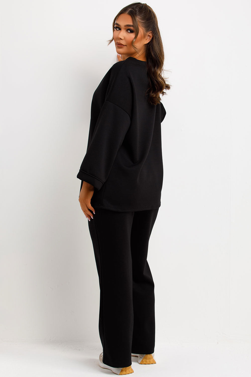 seam detail straight leg trousers and long sleeve drop shoulder oversized top co ord loungewear set