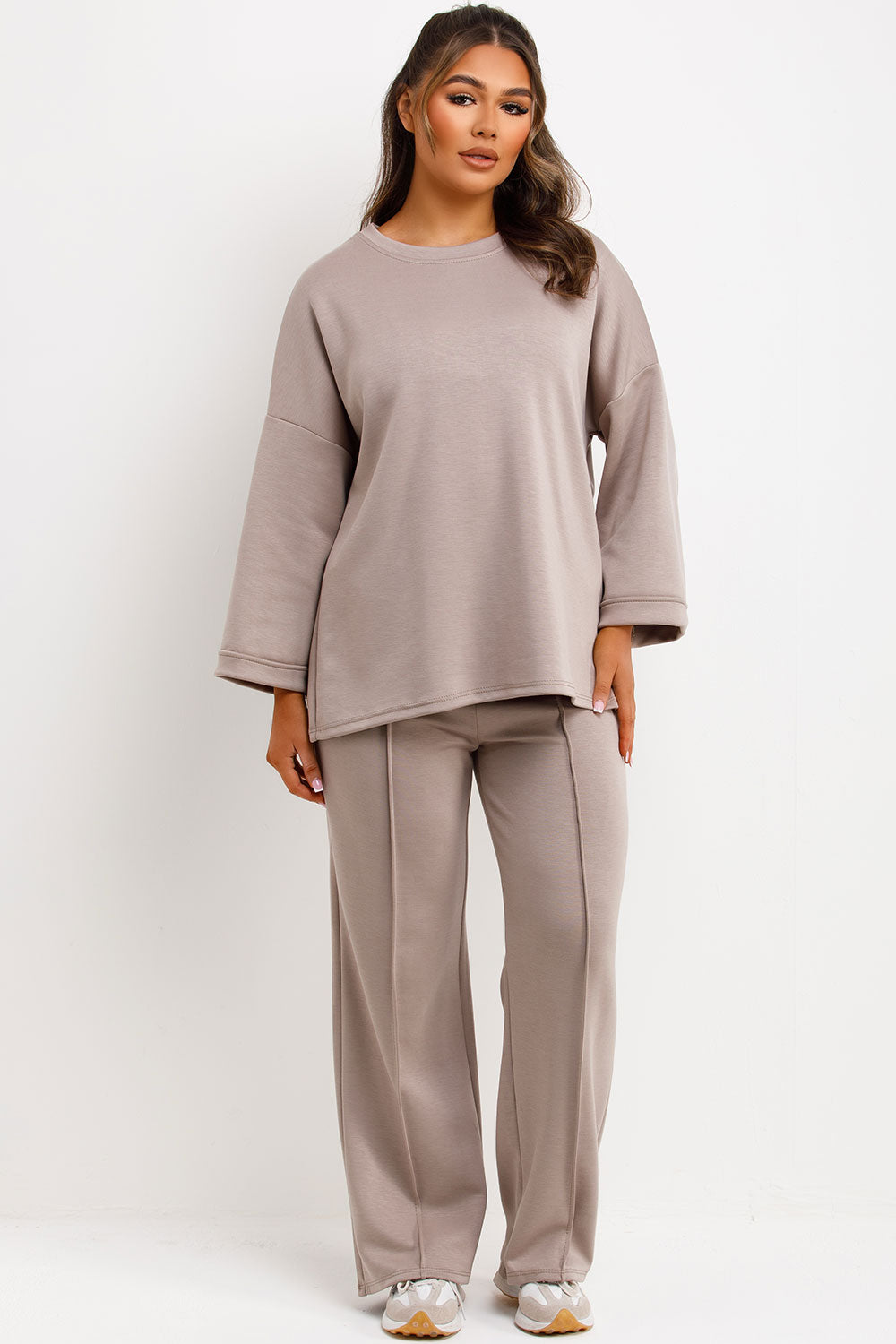 seam detail straight leg trousers and long sleeve drop shoulder oversized top co ord loungewear set