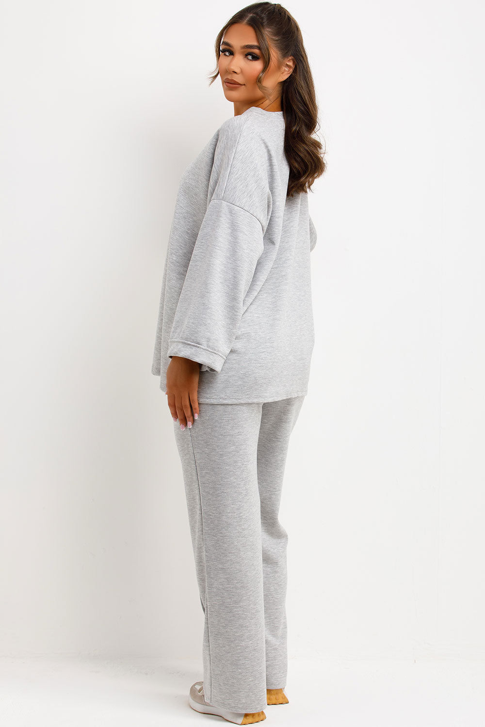 seam detail straight leg trousers and long sleeve drop shoulder oversized top co ord loungewear set
