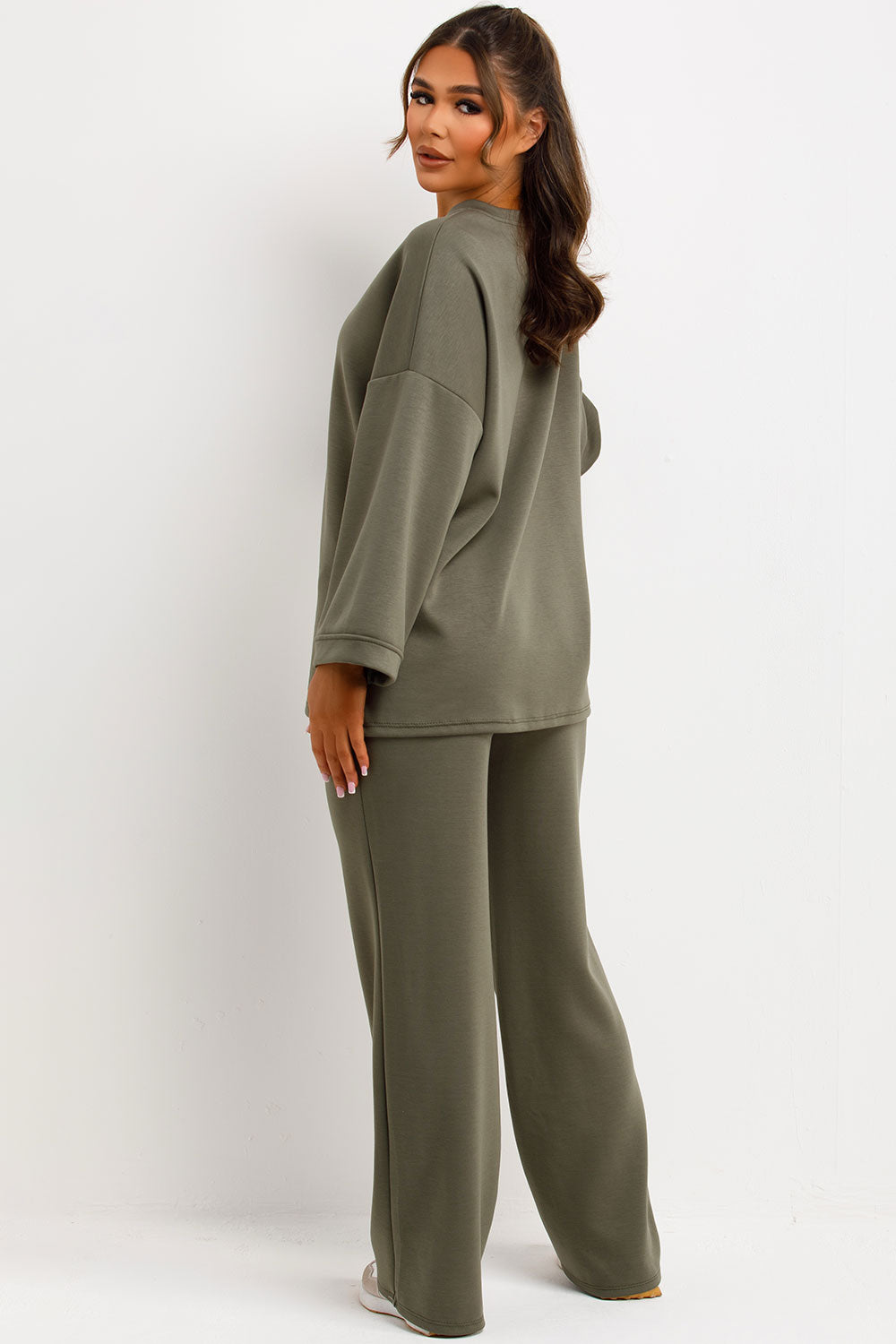 seam detail straight leg trousers and long sleeve oversized top two piece loungewear set womens