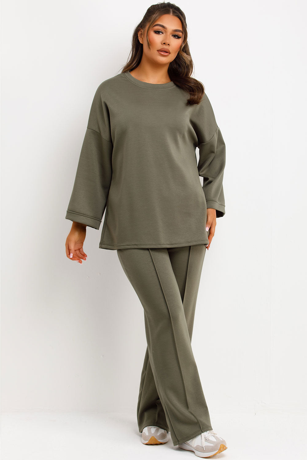 seam detail straight leg trousers and long sleeve drop shoulder oversized top co ord loungewear set