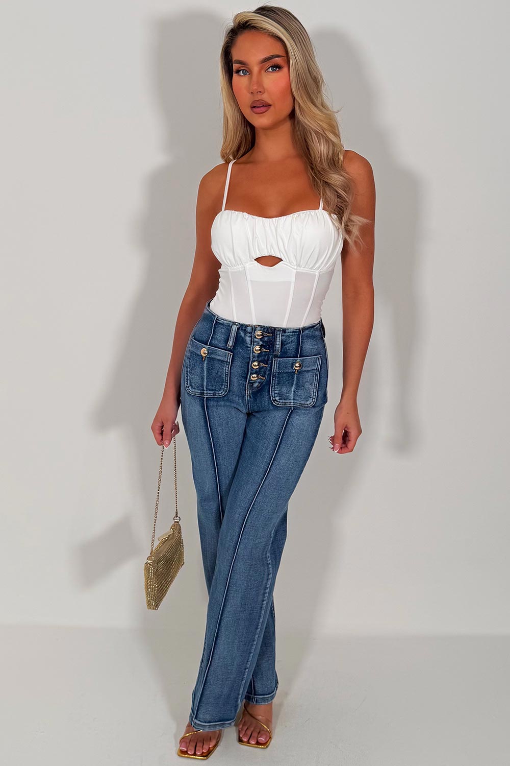 womens jeans with gold buttons seam detail zara uk