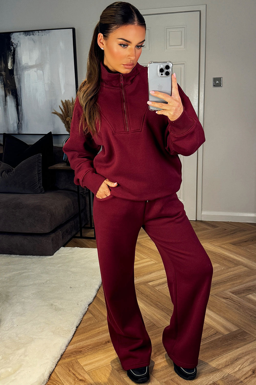 burgundy half zip sweatshirt and joggers loungewear set airport outfit