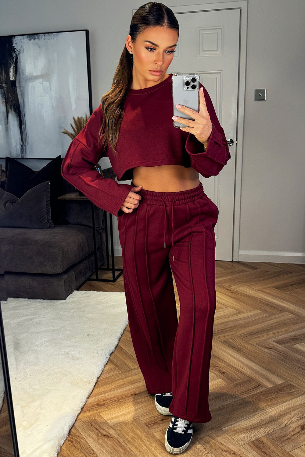 burgundy red pintuck seam joggers and sweatshirt tracksuit co ord