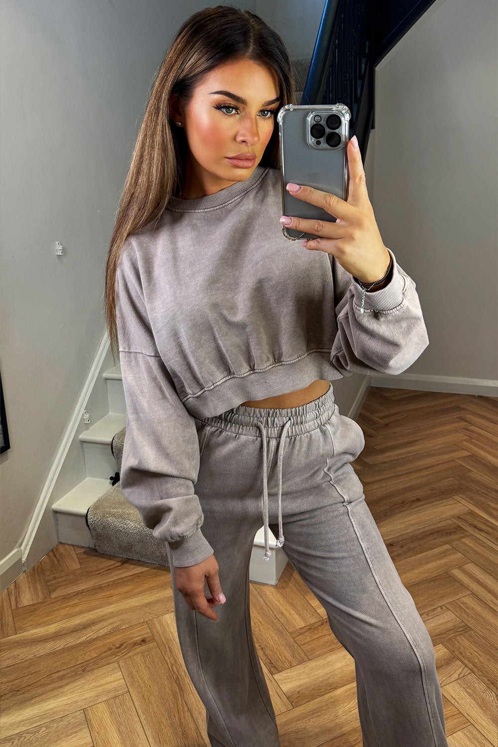 acid wash crop jumper and joggers two piece tracksuit set styledup