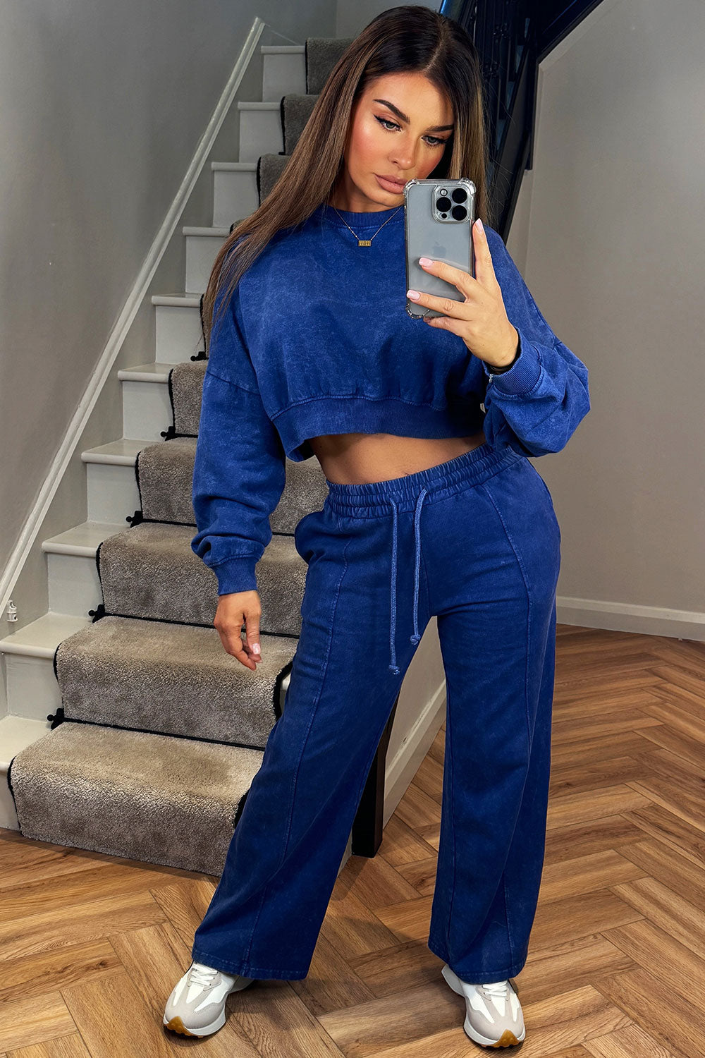 womens acid wash crop jumper and straight leg joggers two piece tracksuit set acid wash blue