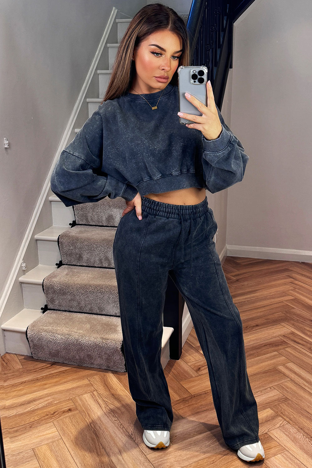 womens acid wash crop jumper and straight leg joggers two piece tracksuit set acid wash charcoal