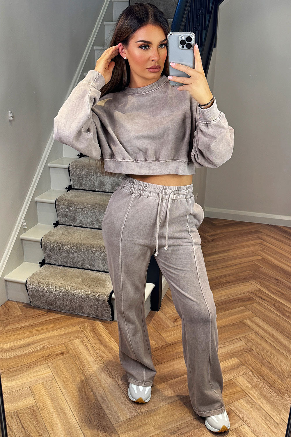 womens acid wash crop jumper and straight leg joggers two piece tracksuit set acid wash dove grey