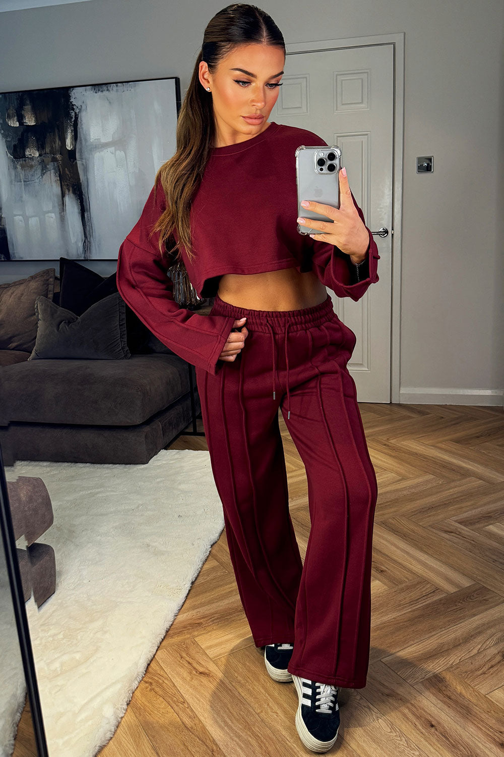 burgundy seam joggers and sweatshirt tracksuit set