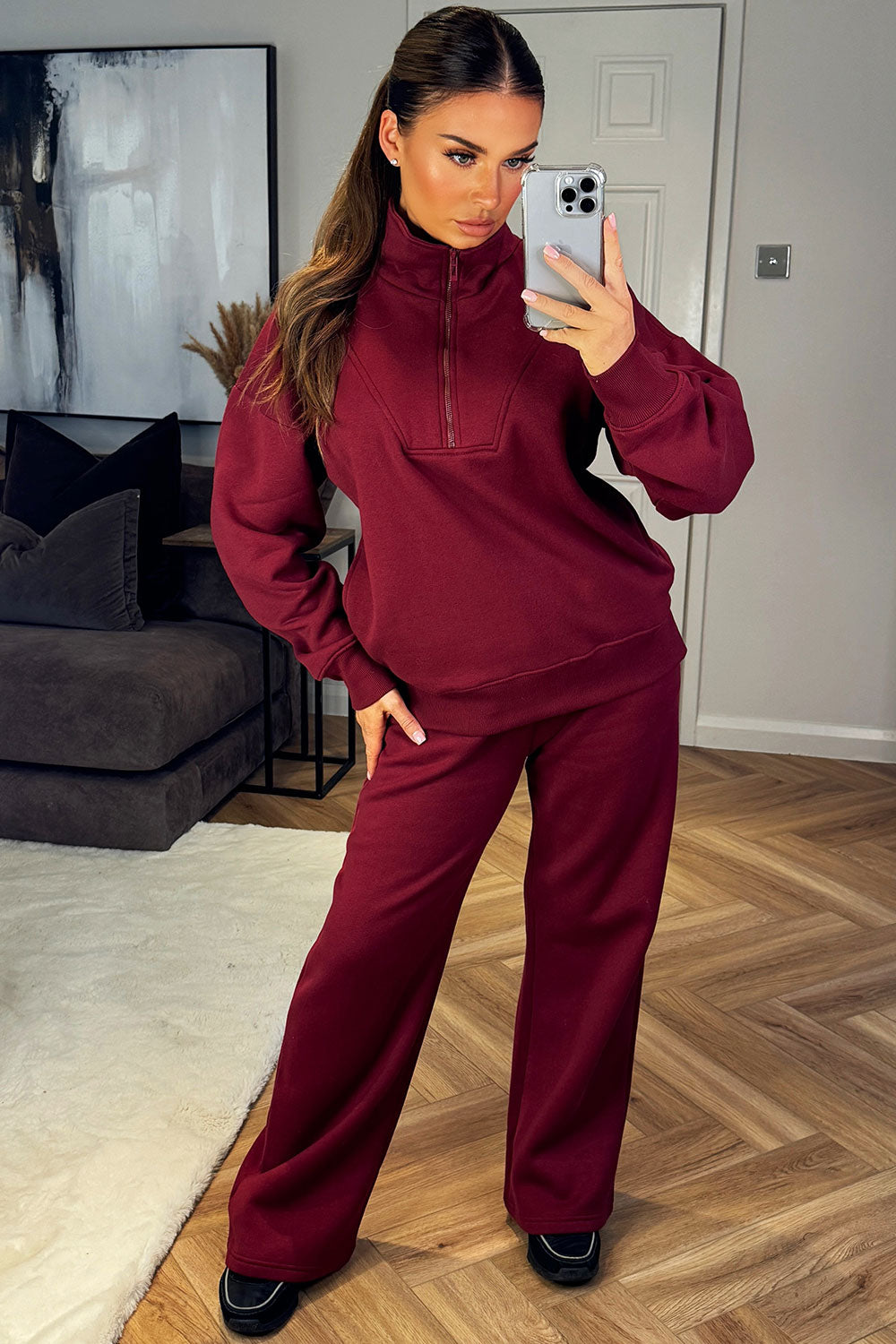 womens half zip jumper and joggers loungewear co ord set airport outfit
