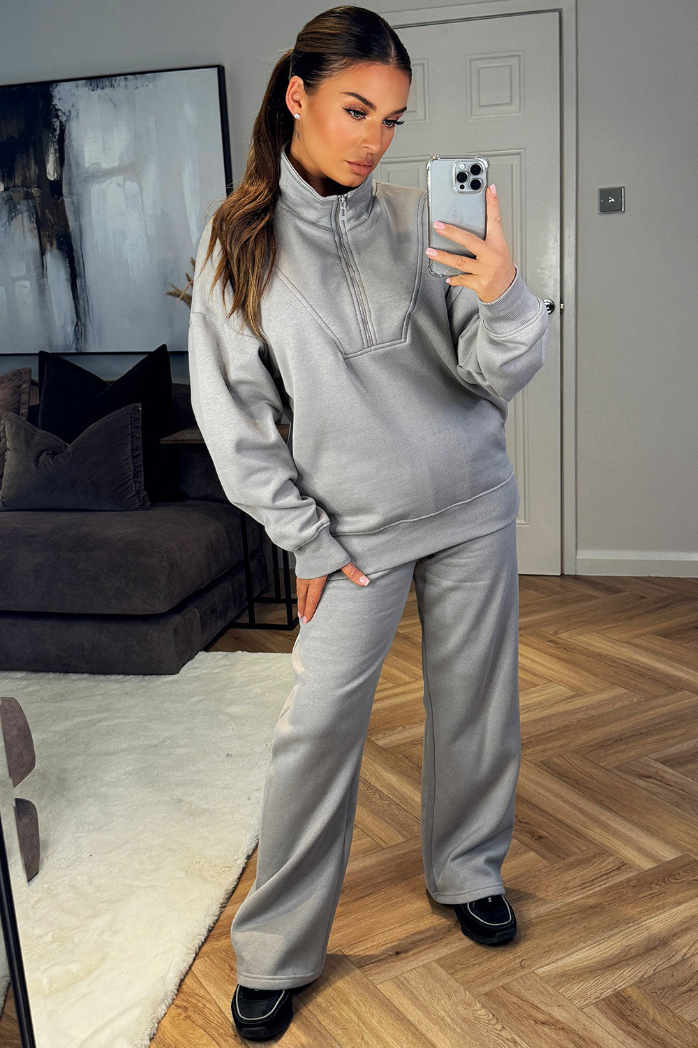 womens half zip jumper and joggers loungewear co ord set airport outfit