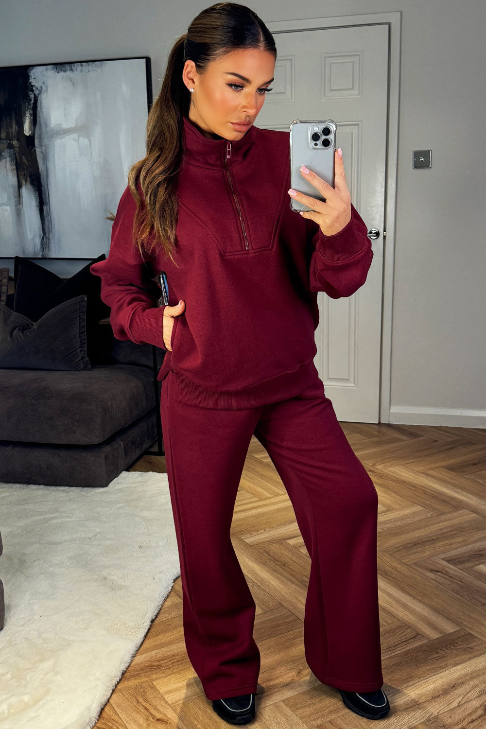 womens straight leg joggers and half zip sweatshirt tracksuit airport outfit