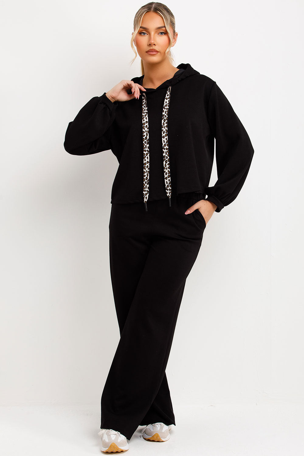 zara womens jogger trousers and hoodie with leopard print straps loungewear set