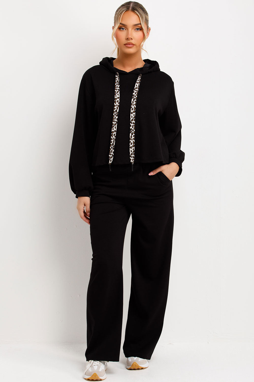 womens jogger trousers and hoodie with leopard print straps loungewear set styledup