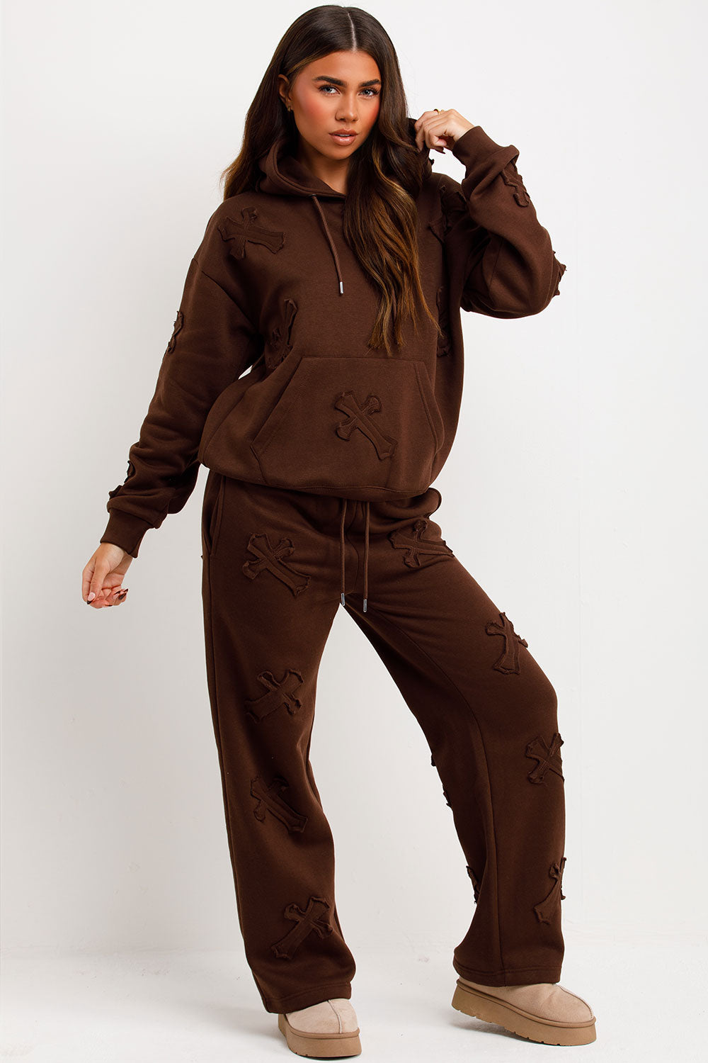 womens hoodie and joggers tracksuit set with crosses