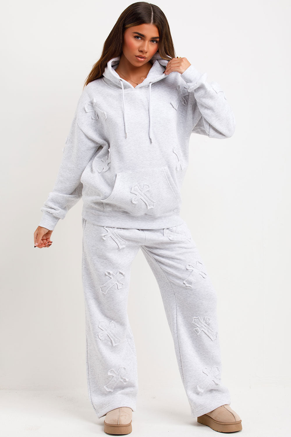 womens hoodie and joggers tracksuit set with crosses