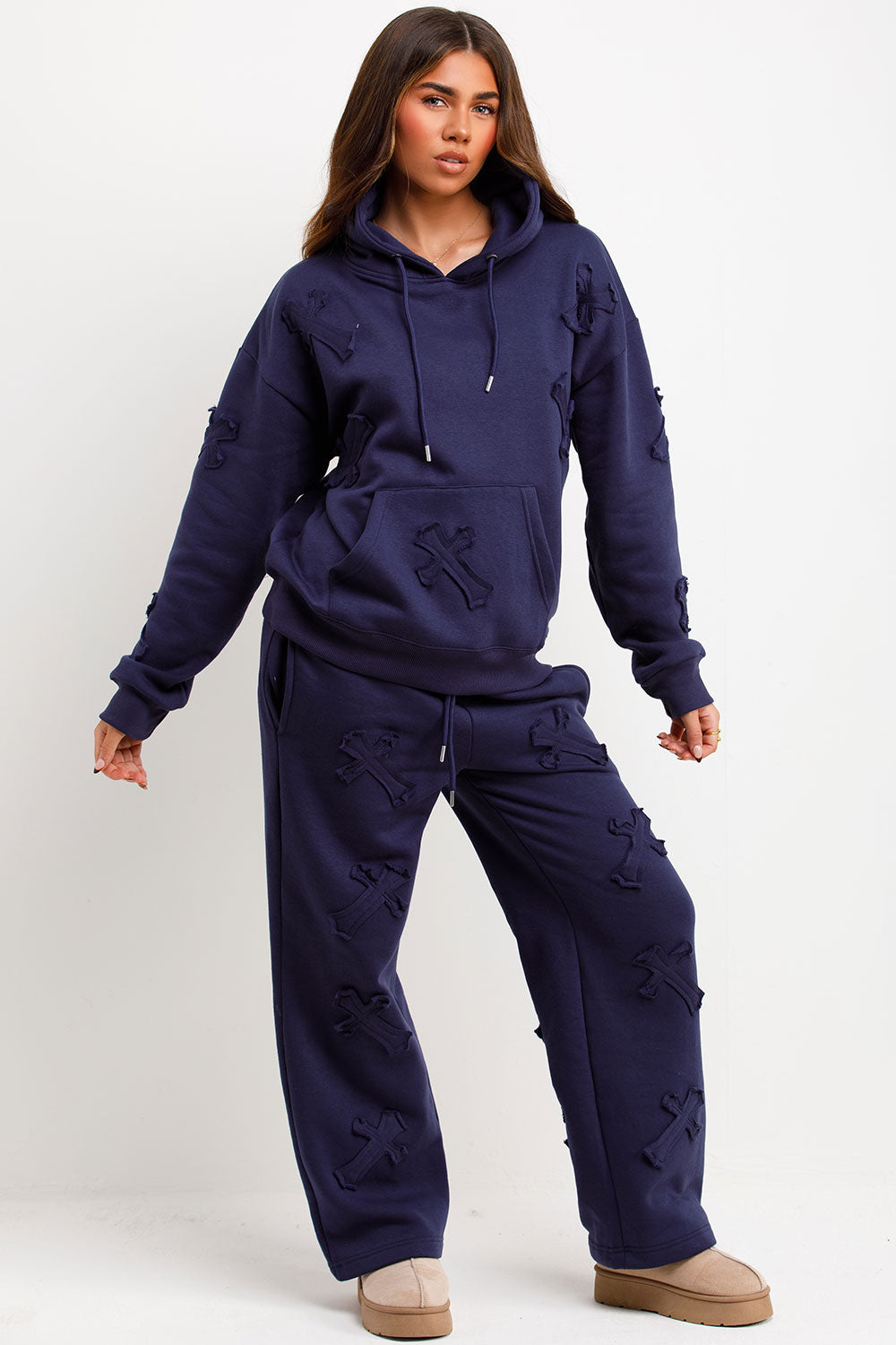 womens hoodie and joggers tracksuit set with crosses