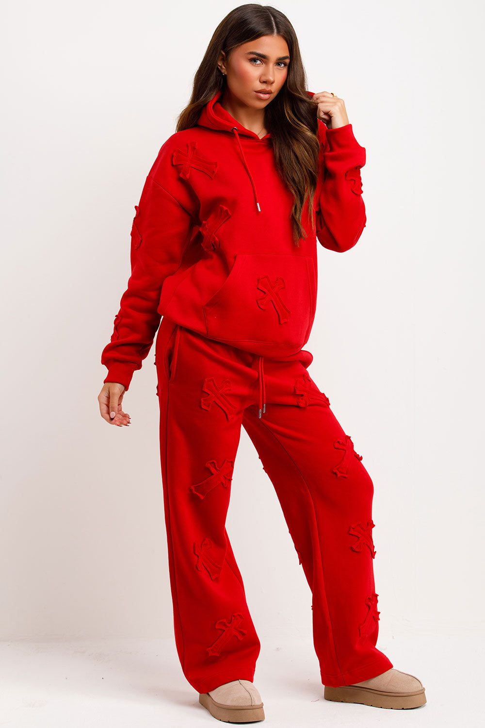 womens hoodie and joggers tracksuit set with crosses