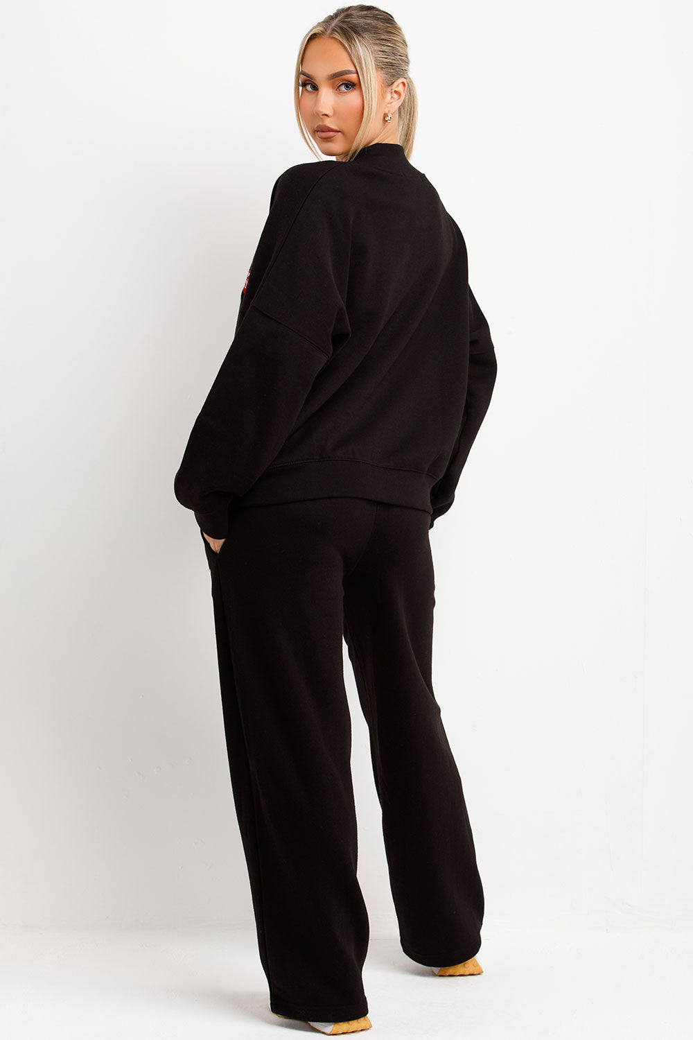 zara womens bomber sweatshirt and straight leg joggers lounge set tracksuit with mon cheri embroidery