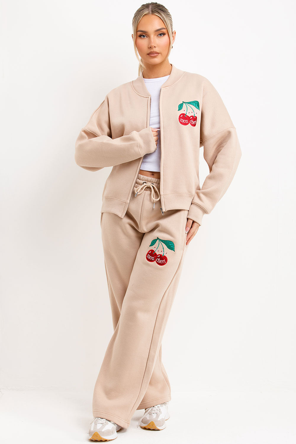 zara womens mon cheri embroidery bomber sweatshirt and straight leg joggers two piece loungewear set tracksuit