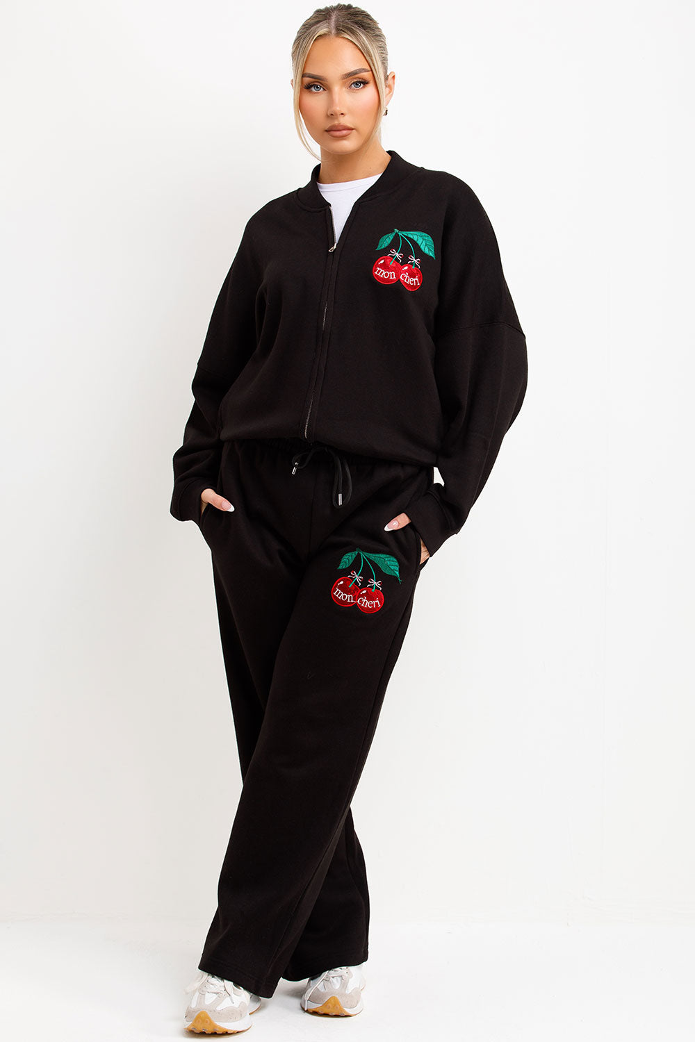 bomber sweatshirt and straight leg joggers tracksuit set mon cheri embroidery
