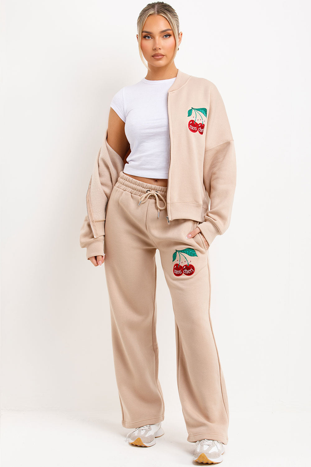 zara womens bomber sweatshirt and straight leg joggers lounge set tracksuit with mon cheri embroidery