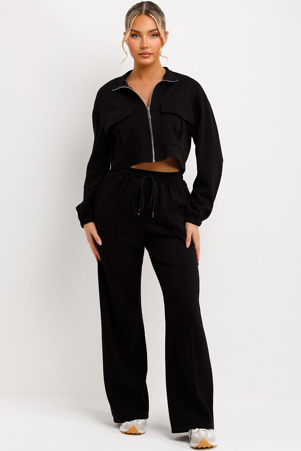 womens zip up sweatshirt and wide leg joggers trousers co ord set zara loungewear