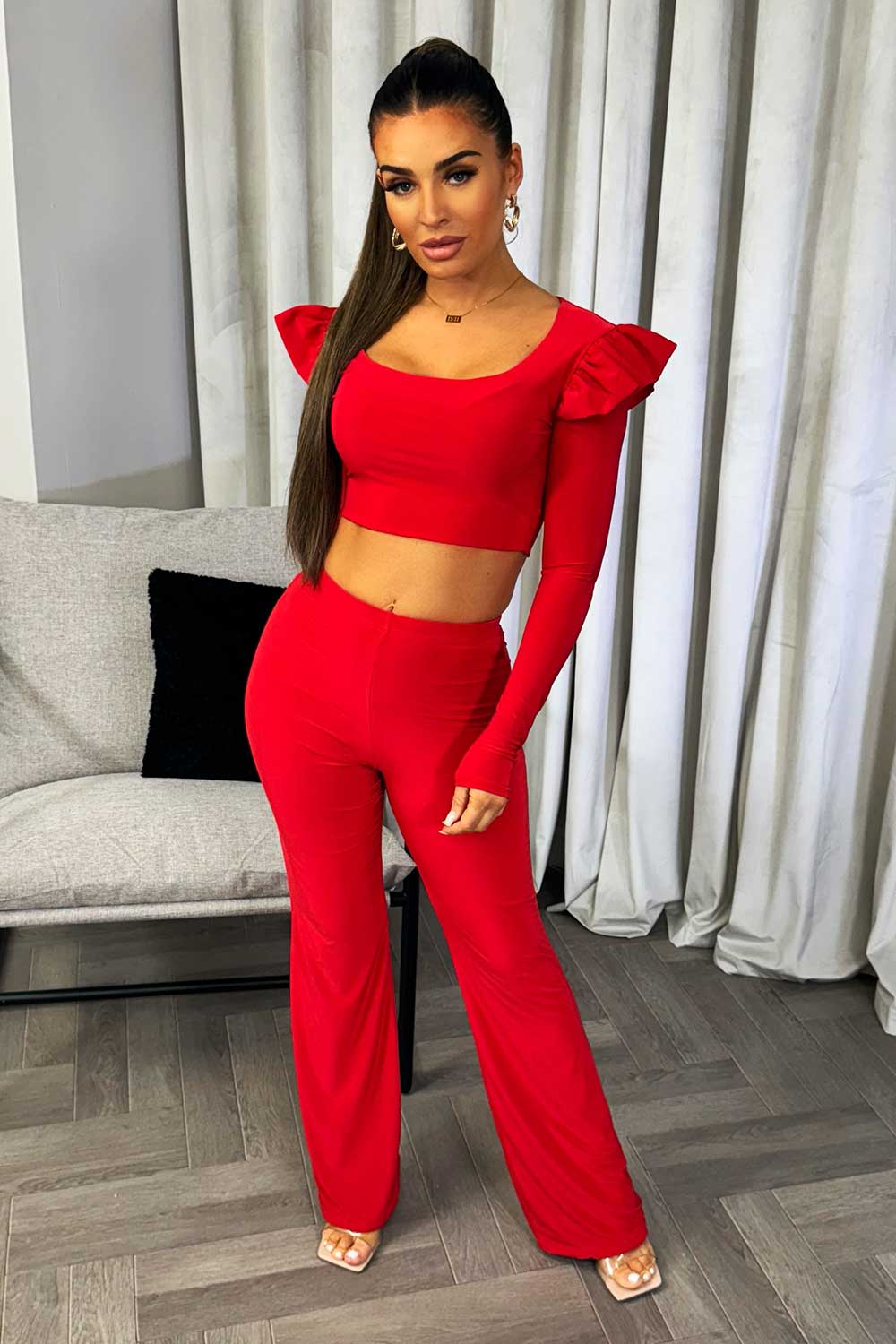 frill shoulder long sleeve crop top and trousers co ord set