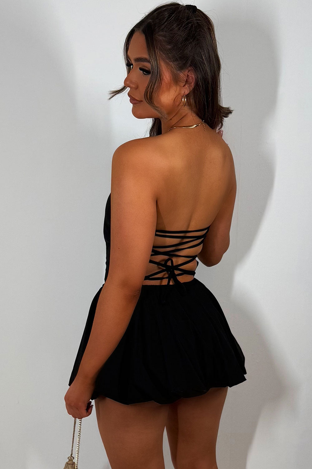 black backless bandeau puffball mini dress styledup