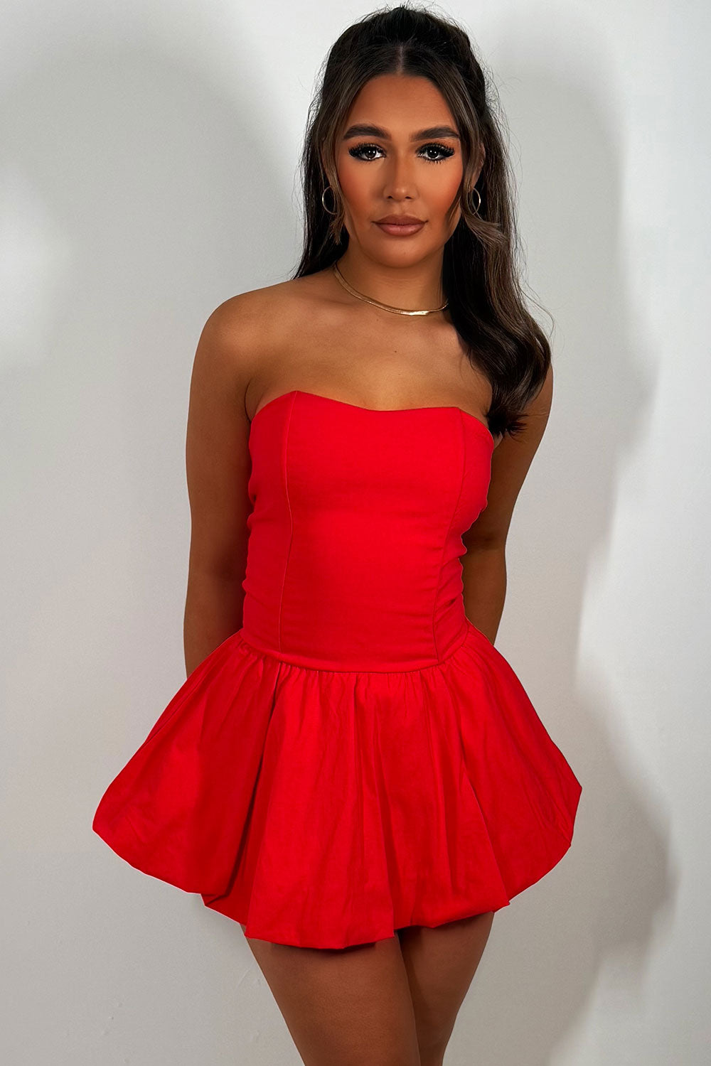 bandeau puffball mini dress red