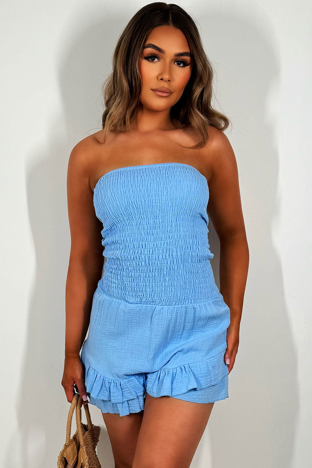 bandeau frilly ruffle hem playsuit sky blue