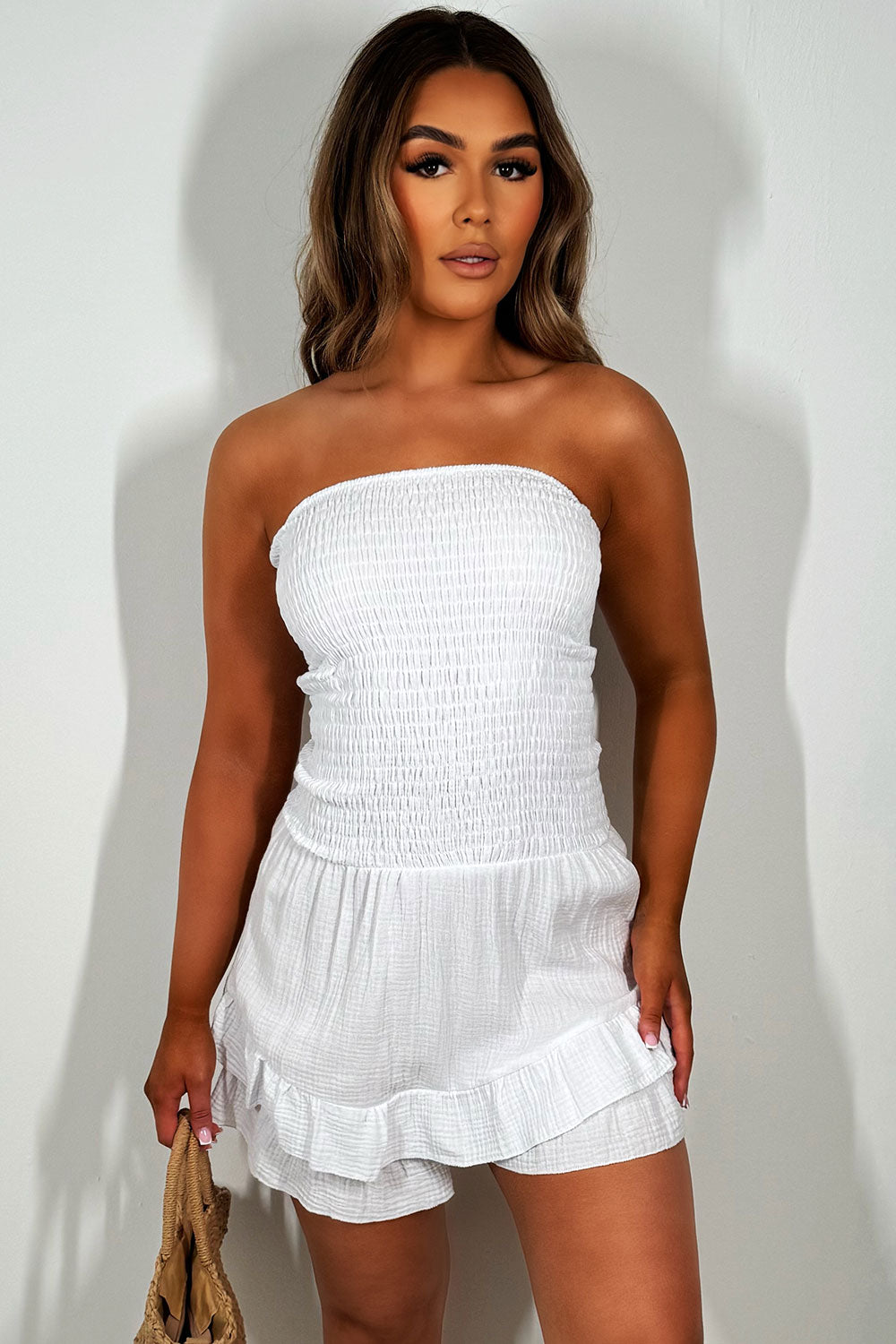 womens bandeau shirred frilly ruffle playsuit summer holiday outfit