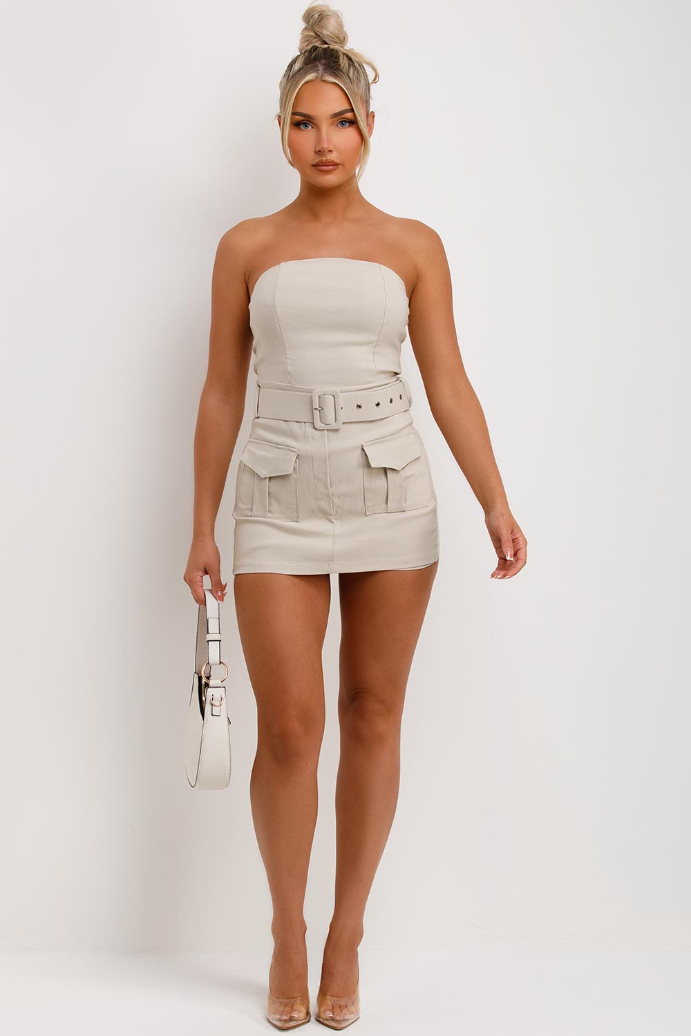 beige skort dress with off shoulder neckline going out summer holiday festival rave outfit