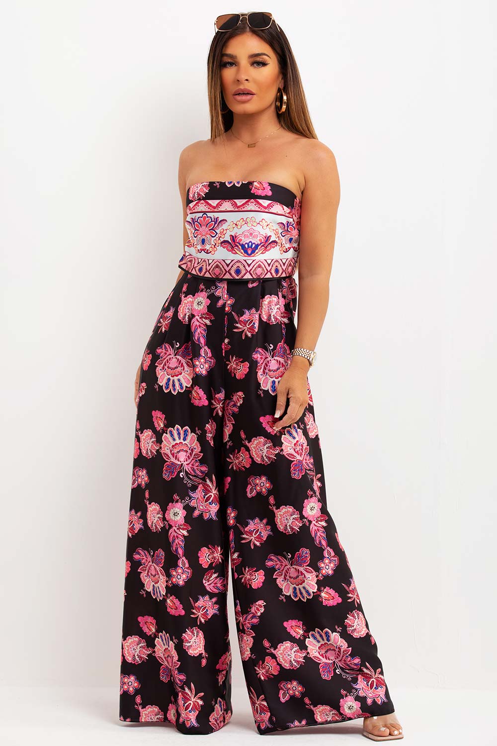 bandeau floral wide leg jumpsuit