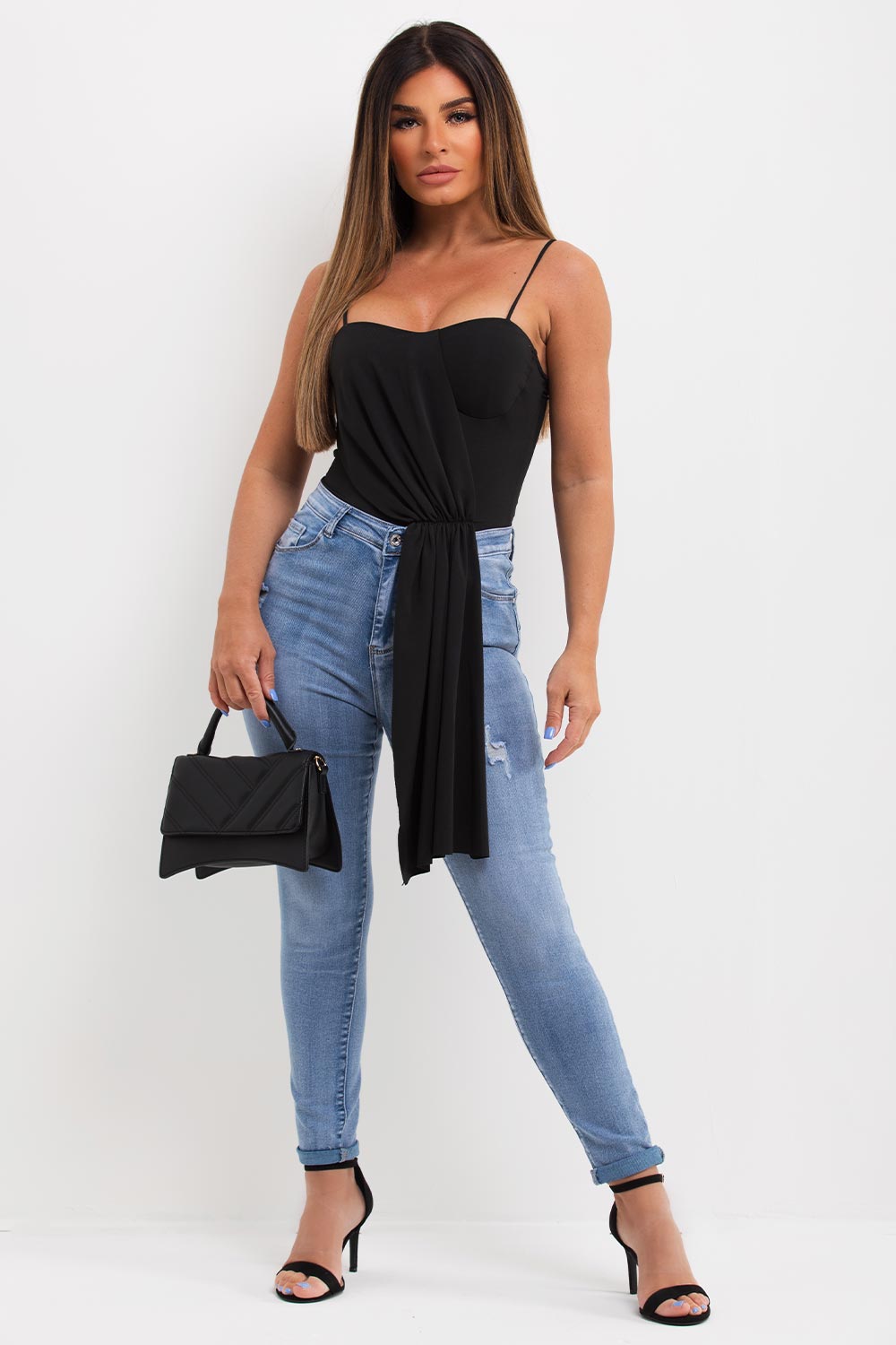 going out bodysuit top with drape detail