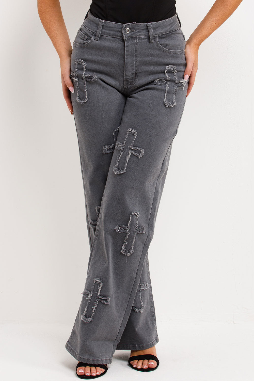 wide leg super stretch denim jeans for womens with cross applique styledup
