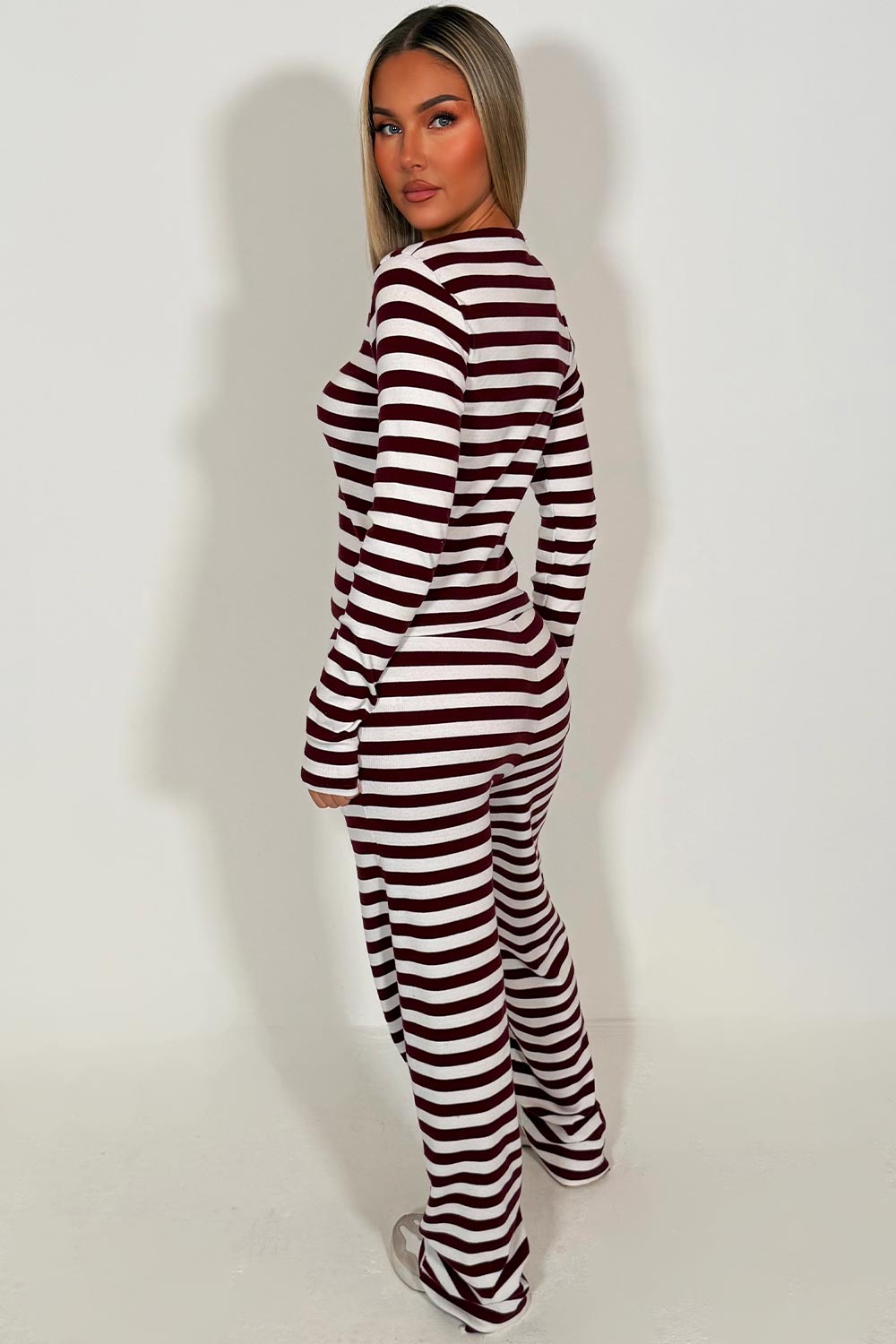 womens wide leg jogger and long sleeve top with stripes lounge set co ord styledup