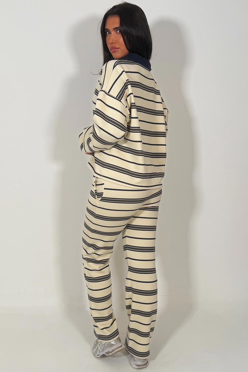 striped wide leg joggers and collared sweatshirt jumper co ord tracksuit set styledup