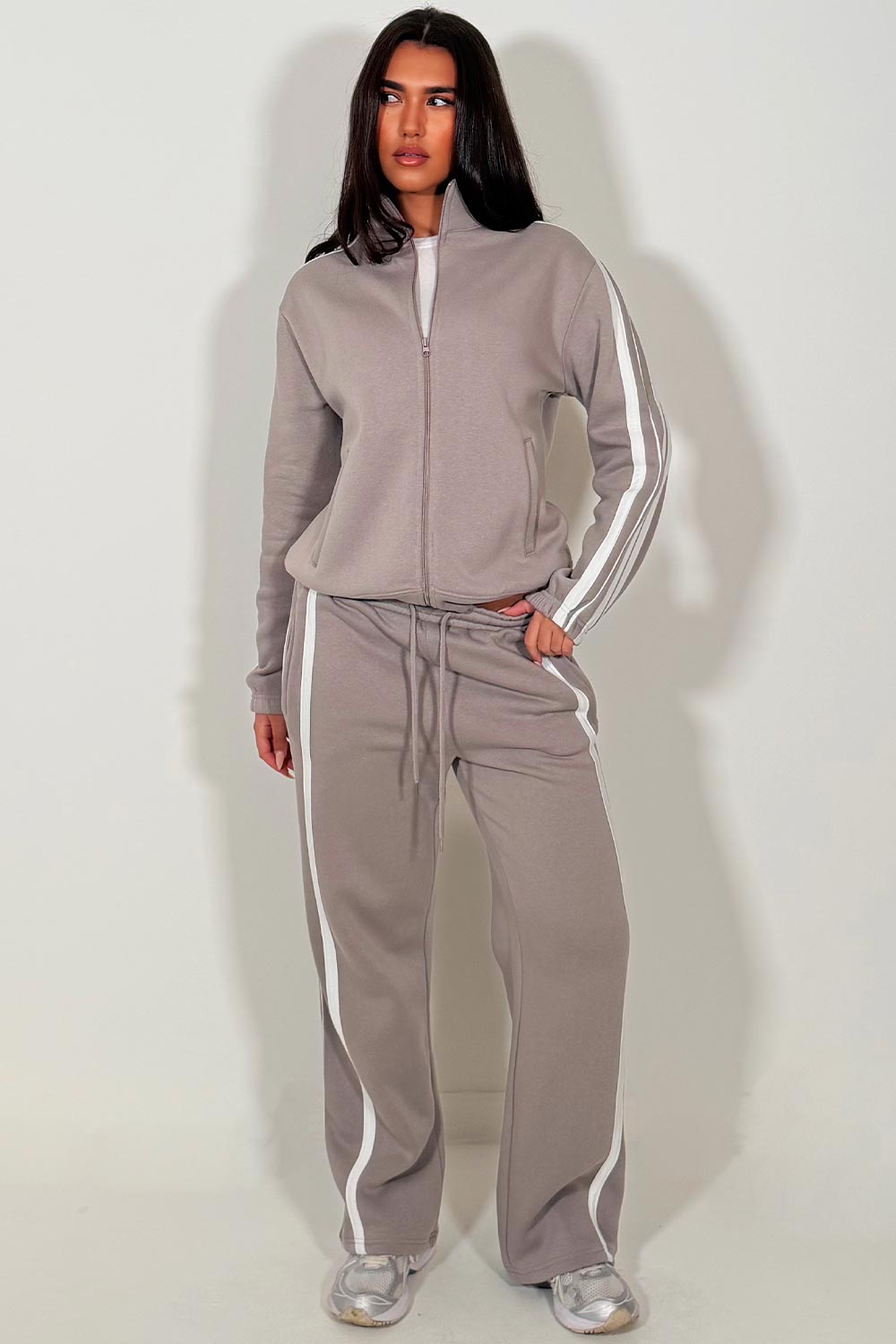 womens dove grey tracksuit co ord lounge set with side stripes styledup