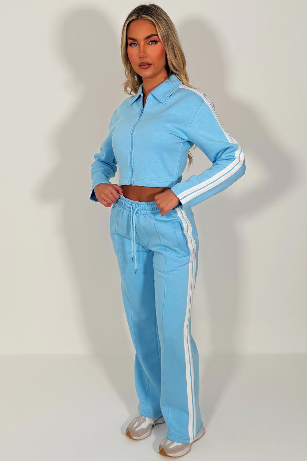 womens zip up sweatshirt and wide leg joggers with side stripes two piece tracksuit co ord set styledup white fox