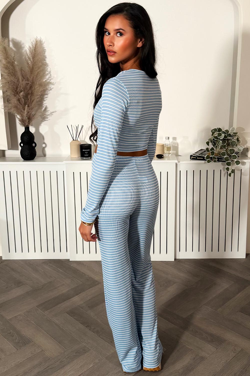womens wide leg jogger and long sleeve top with stripes lounge set co ord styledup