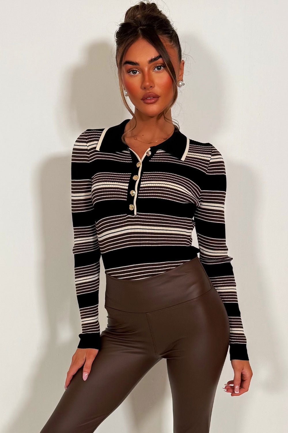 brown long sleeve stripy bodysuit top with collar and gold buttons styledup