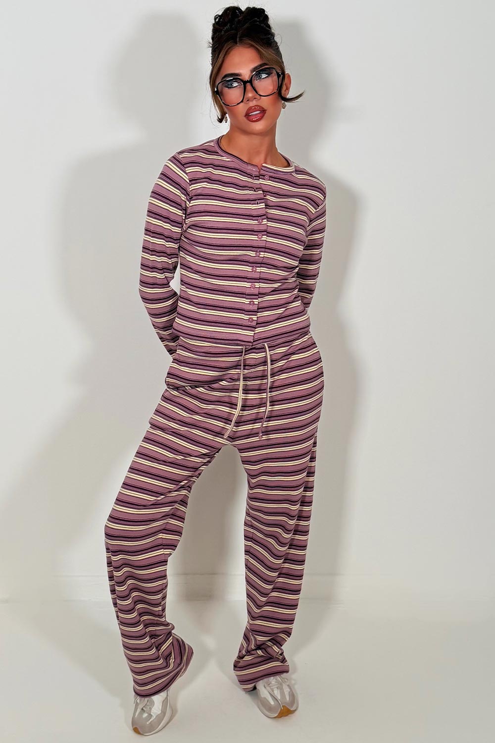 striped button up loungewear set